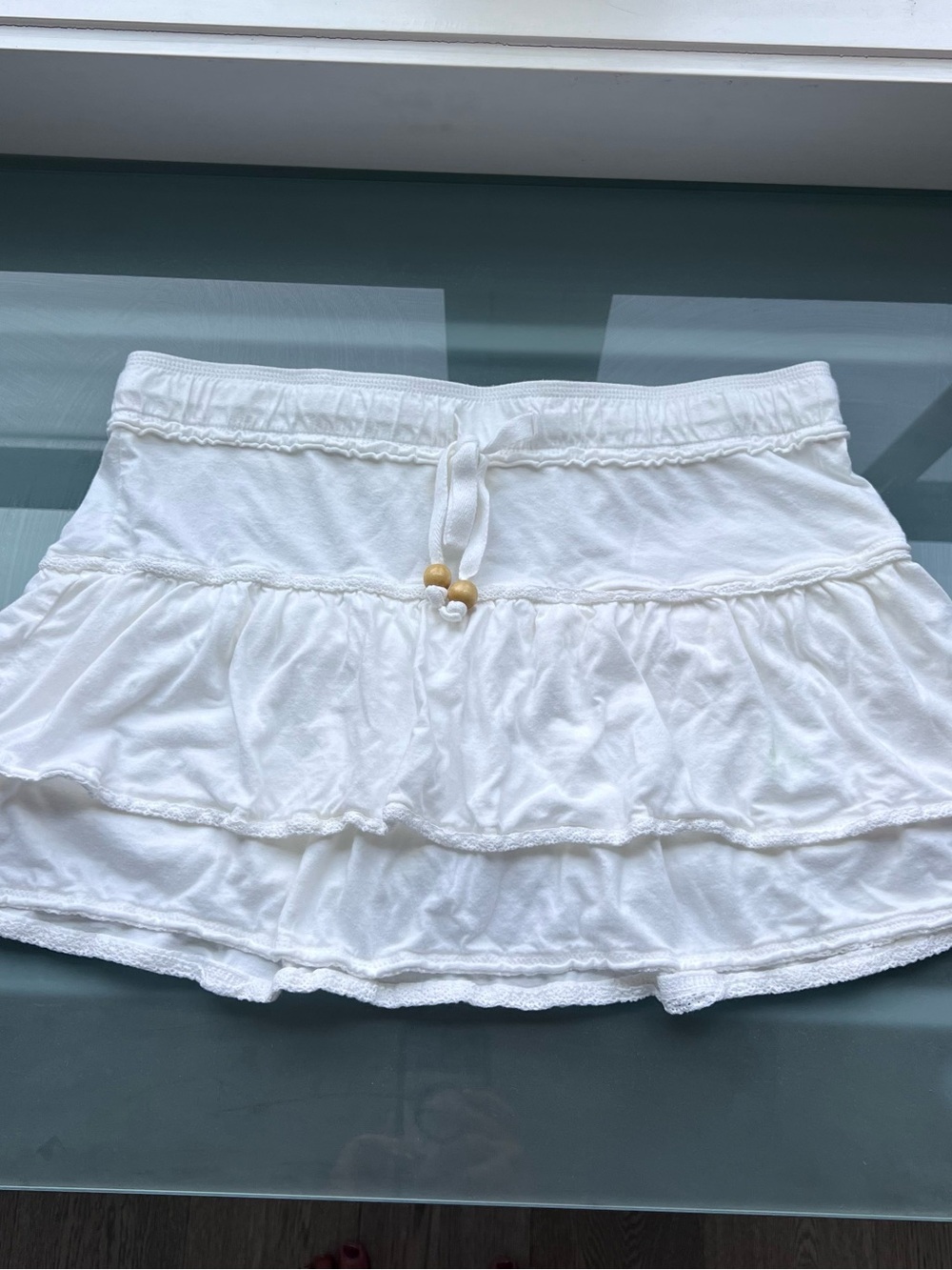 White Tiered Ruffle Mini Skirt with Drawstring - Picture 3 of 7